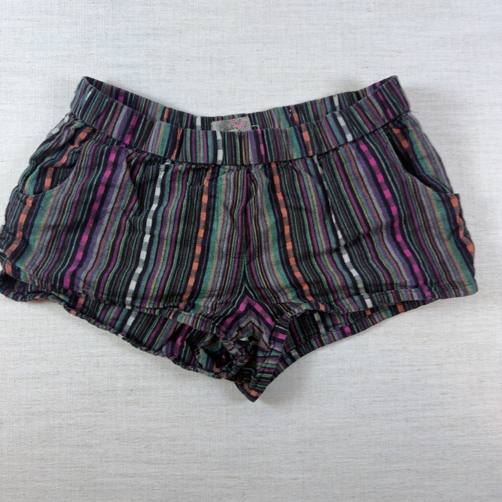 Ecote Womens Large Striped Cotton Shorts Multi-Color Boho Elastic Waist Pockets